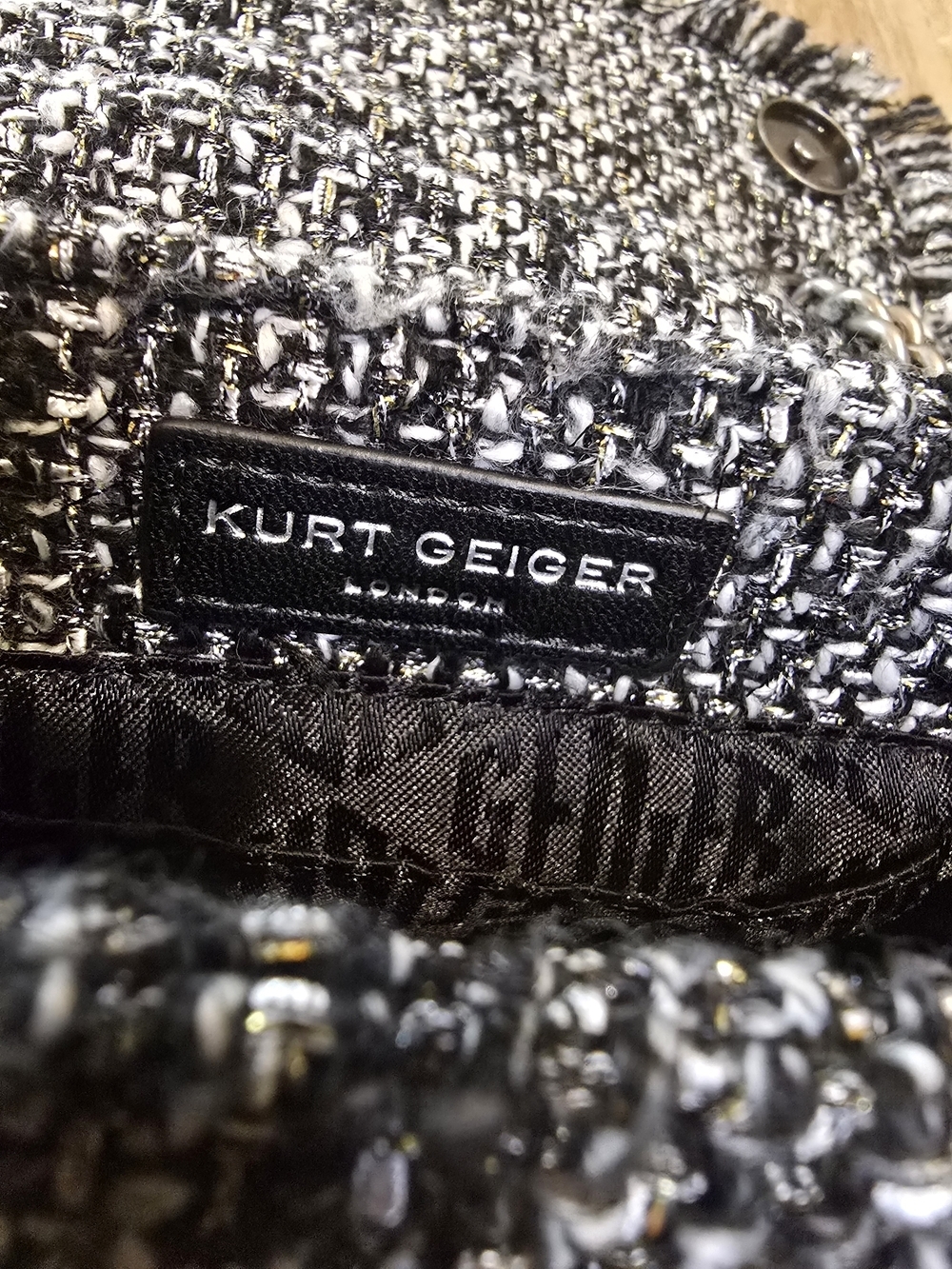 Kurt Geiger Black & White Tweed Chain Crossbody with Padlock - Picture 5 of 7